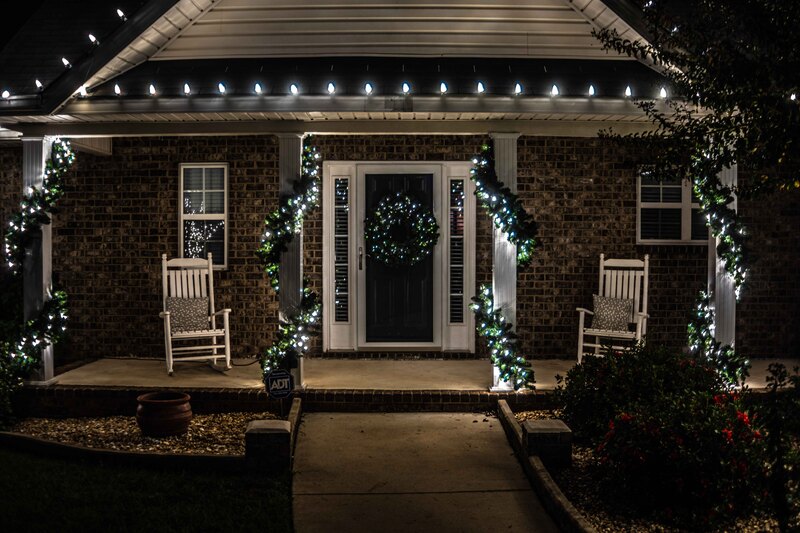 Christmas lights on the front porch